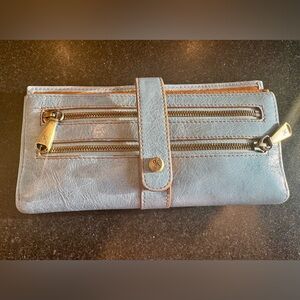HOBO Light Blue Leather Clutch with Gold Accents